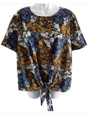 Ann Taylor Floral Front Tie Short Sleeve Top Cottage Whimsical Blue White Brown